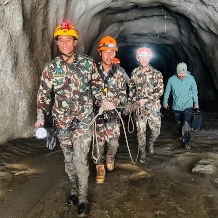 Nepal Army rescue team inside the Rasuwagadhi hydropower tunnel