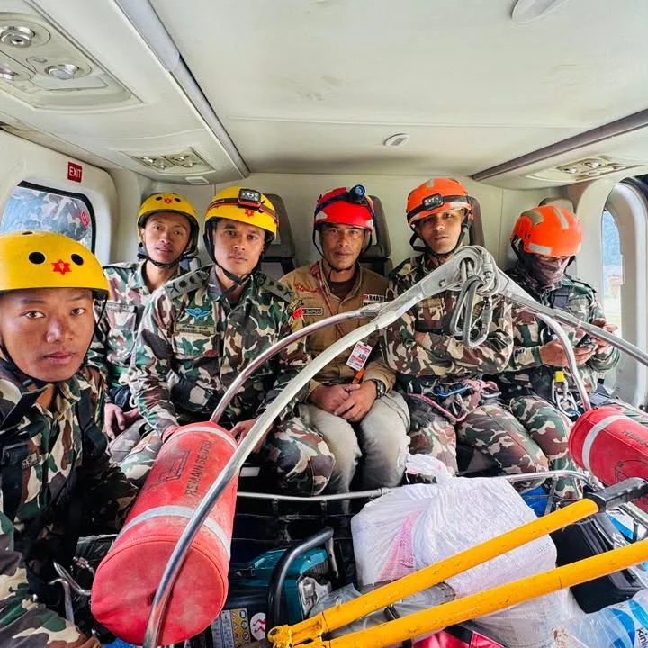 Search team returning from the Rasuwagadhi hydropower tunnel