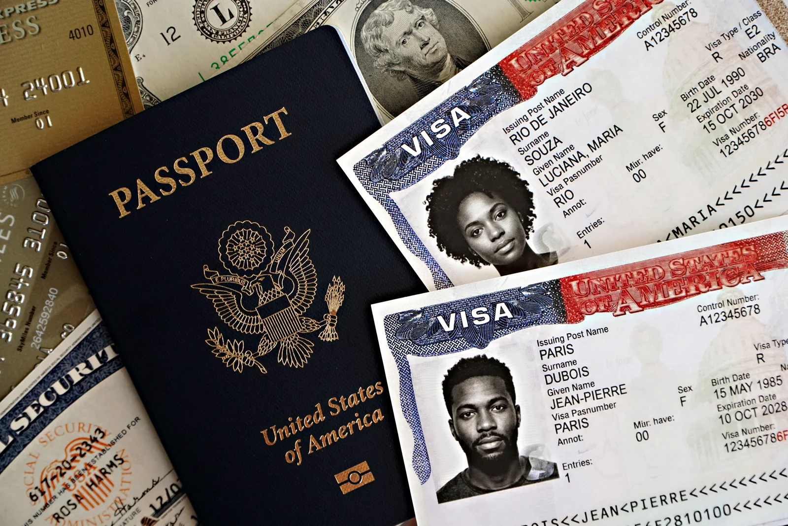 Close-up of a U.S. passport with visas and currency, symbolizing international travel and immigration.