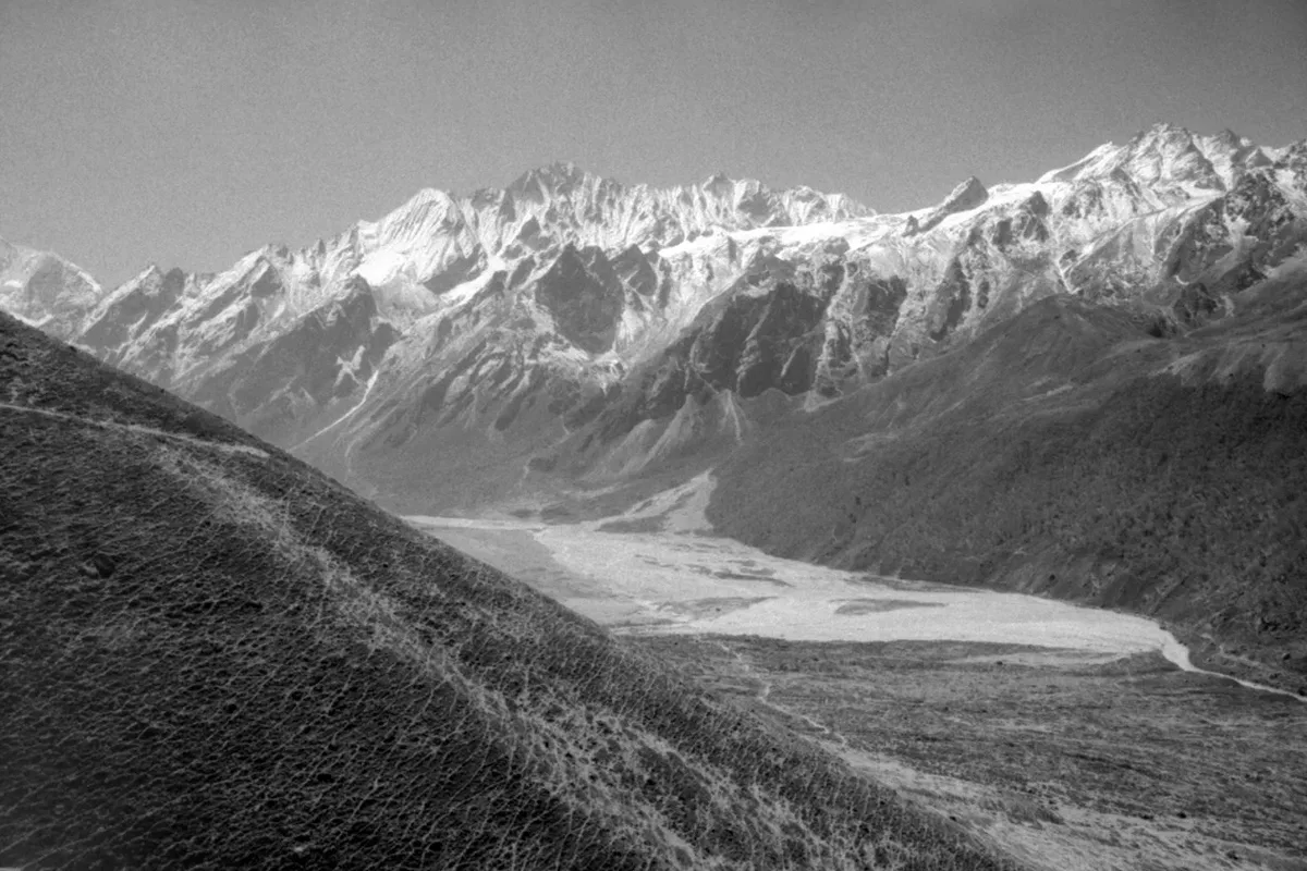 The upper Langtang valley and the Langtang Lirung range photographed on black and white film in April 1999