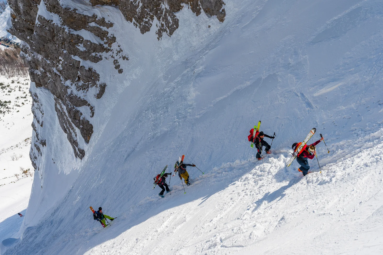A steep ice couloir of the kind climbers must pass slowly and without shelter