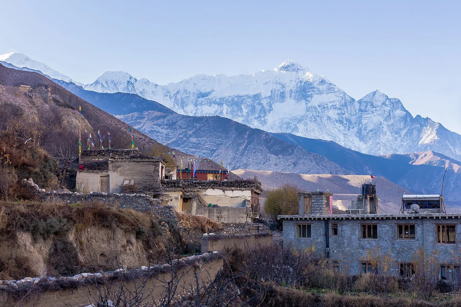 The arid rain-shadow trail of Upper Mustang under clear skies, Nepal