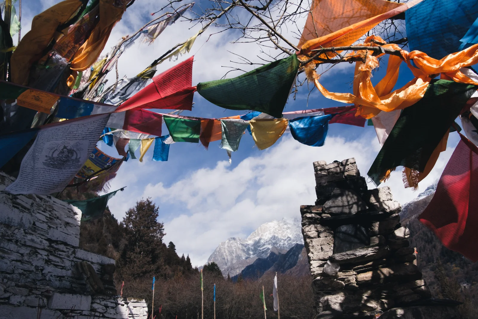 Prayer flags in the wind below snow mountains