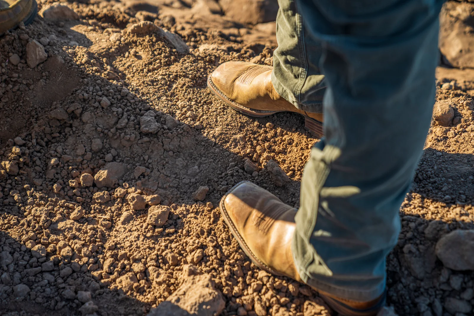 A booted foot placed on uneven rock, the ground on which the ankle-support claim is usually made