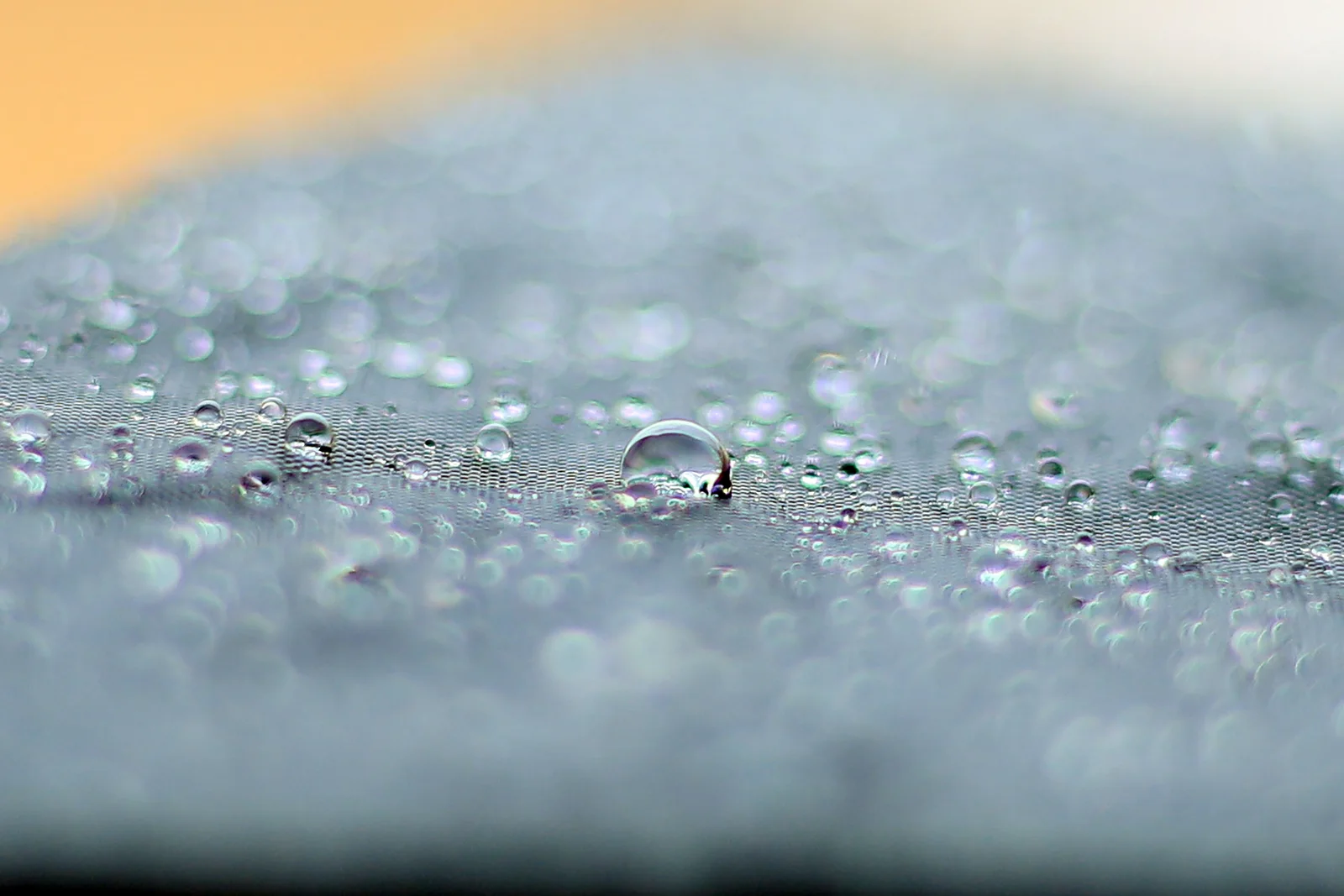 Water beading on the surface of a technical fabric — the repellent finish that makes rain roll off is a surface treatment, not the membrane