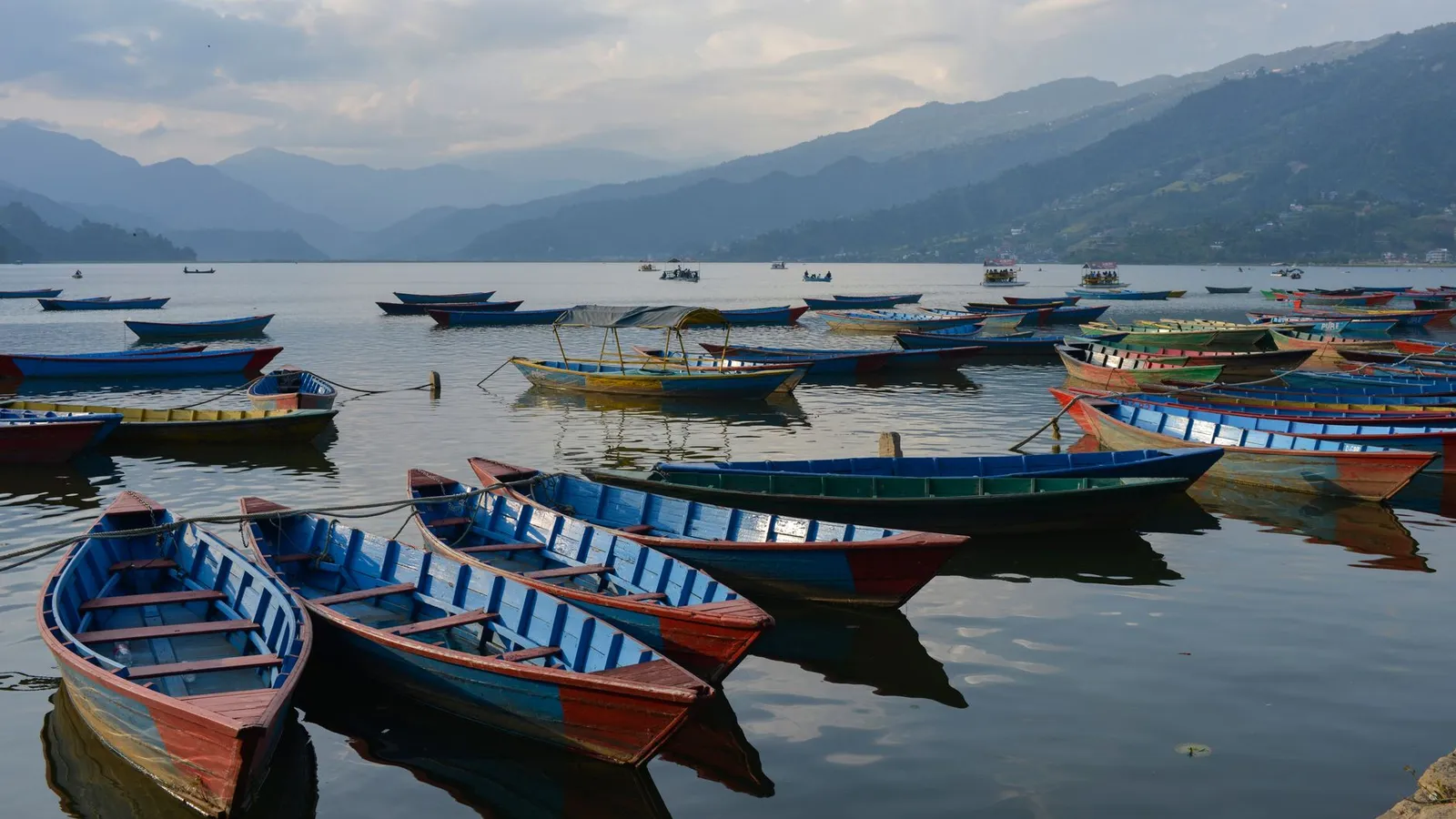 Phewa Lake and the Annapurna range behind Pokhara, Nepal